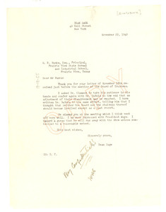 Letter from Dean Sage to W. R. Banks