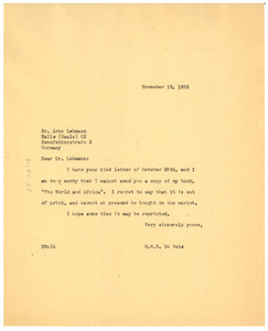 Letter from W. E. B. Du Bois to Arno Lehmann