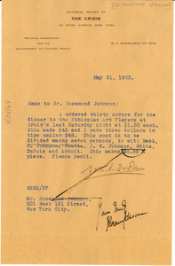 Letter from W. E. B. Du Bois to Rosamond Johnson