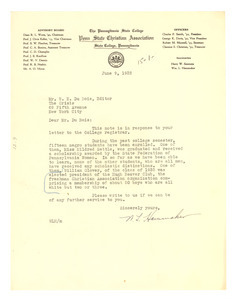 Letter from Penn State College to W. E. B. Du Bois