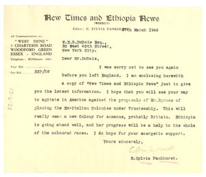 Letter from E. Sylvia Pankhurst to W. E. B. Du Bois