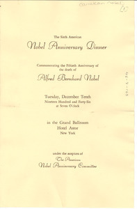 American Nobel Anniversary Dinner program