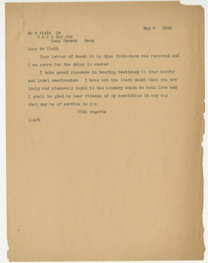 Letter from Laurence L. Doggett to Henry Wielt, Jr (May 3, 1918)