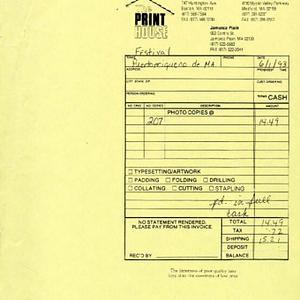 Invoice from The Print House for Puerto Rican Festival of Massachusetts, Inc., dated June 1, 1993