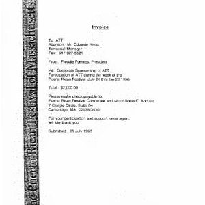 Invoices from Freddie Fuentes to AT&T, Fleet Bank, the Department of Public Health, and the Massachusetts Department of Tobacco Education, for their corporate sponsorship of Festival Puertorriqueño