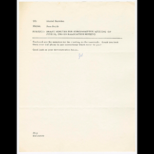 Memorandum from Joan Smith to Muriel Snowden about draft of minutes for subcommittee meeting of June 14, 1965 on relocation housing and draft of minutes for Relocation Housing Subcommittee meeting on June 14, 1965