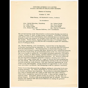 Minutes for Citizens Advisory Committee, Subcommittee on Relocation Housing meeting on October 4, 1965