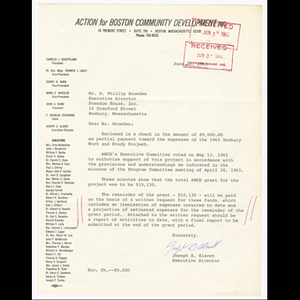 Letter from Joseph S. Slavet to Mr. O. Phillip Snowden about expenses of 1965 Roxbury Work and Study Project