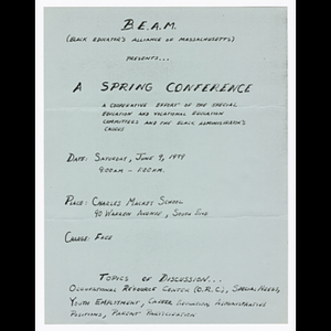 Flier for Black Educators' Alliance of Massachusetts (BEAM) spring conference on June 9, 1979