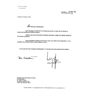 Letter from President of Europe Consulting Ludovic Zanker to the United States Ambassador to France Charles Rivkin