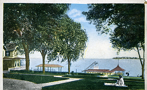 Post Card Picture of lawn and swimming pool at Cottage Park Hotel.