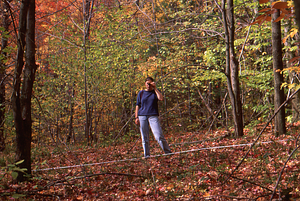 Katherine Bernie (Class of 2000) in Permanent Plot 1031 establishing X- Y-coordinates of canopy trees. Ground truthing aerial photographs project - Plot 1031.