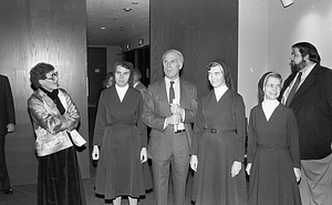 Mayor Kevin H. White with three nuns at the Strand Theatre