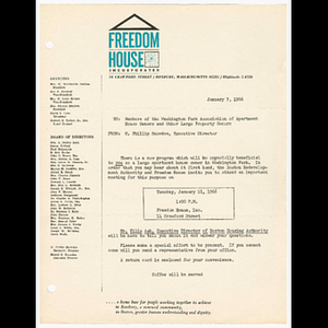 Memorandum from O. Phillip Snowden, Executive Director to members of the Washington Park Association of Apartment House Owners about meeting on January 11, 1966