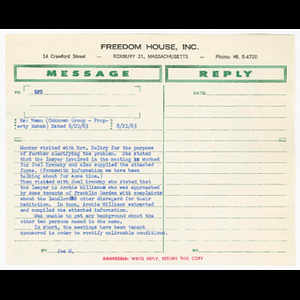 Memorandum from Joe W. to OPS about memo from August 20, 1963, memorandum from vfm to OPS about property rehab, list of minimum standards of living owner must provide, checklist about adequate housing and information on how to report a defect