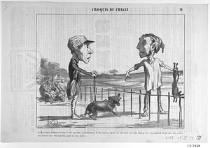 - Que j'vous rendions c'lièvre? oh! qu'nenni... j'connoissons la loi sur les lapins... il est mort sur mon champ c'est ma propriété et qu'vous êtes encore ben heureux qu'vous fassions point un bon procès!...