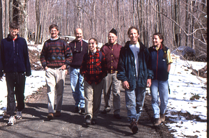Norman E. Borlaug field trip to the Hopkins Memorial Forest. 4. Left to right: Permanent Plotters Tim Billo (Class of 1997), Henry W. Art, Peter McChesney (Class of 1975), Dawn Biehler (Class of 1997), Norman E. Borlaug (U MN, Class of 1937), Ben Montgomery (Class of 1998), and Emilie Grossmann (Class of 1996).
