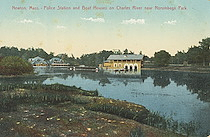 Newton, Mass. Police Station and Boat House on Charles River near Norumbega Park