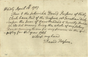 Receipt for salary paid, David Parsons, April 18, 1757
