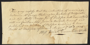 Marriage Intention of George Washington Jackson of Bridgewater, Massachusetts and Molly Briggs, 1804