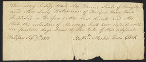 Marriage Intention of Lt. Daniel Soule of Plympton And Lucy Waterman, 1818