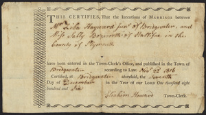 Marriage Intention of Ziba Hayward of Bridgewater, Massachusetts and Sally Bosworth, 1806