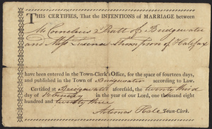 Marriage Intention of Cornelius Pratt of Bridgewater, Massachusetts and Lucina Thomson, 1823