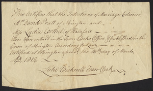 Marriage Intention of David Pratt of Abington and Lydia Corthell, 1812
