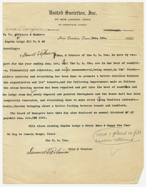 Letter from the United Societies, Inc., to Jephtha Lodge, No. 11, 1920 December 1