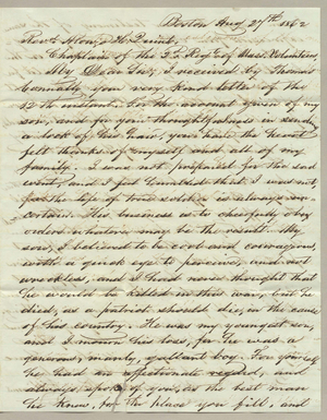 Letter from Moses Williams to Alonzo Hall Quint, 1862 August 27