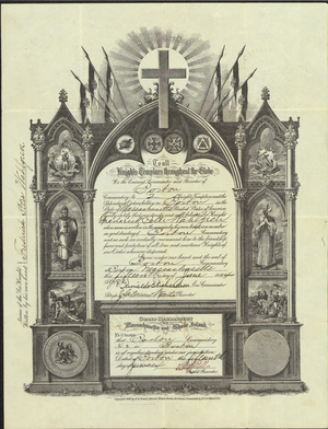 Knight Templar traveling certificate for Frederick Peter Wahlgren, 1911 January 3