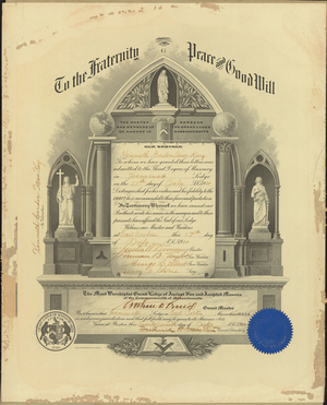 Master Mason certificate issued by Hammatt Lodge to Kenneth G. McKay, 1920 July 27