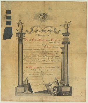 Master Mason certificate issued by Union Lodge to Thomas Hudson, 1799 February 15