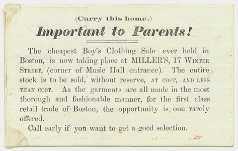 Miller's advertisement card for boys clothing, between 1861 and 1863