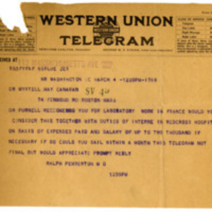 Telegram from Ralph Pemberton, M.D. to Myrtelle M. Canavan, M.D.