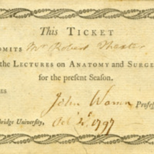 Admission ticket to the lectures on anatomy and surgery for Robert Thaxter