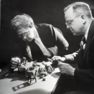 Photograph of Frances G. Lee and Alan R. Moritz working on furnishing for the Nutshell Studies of Unexplained Death, circa 1948.