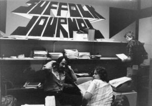 Students hanging out in the Suffolk Journal office, 1978