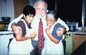 John Joseph Moakley in kitchen with Salvadoran women, 1997