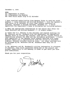 Memorandum from John Joseph Moakley to the Department of State regarding the Task Force Staff trip to El Salvador, 4 December 1990