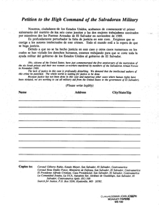 Blank copy of Spanish language Petition to the High Command of the Salvadoran Army calling for justice in the Jesuit murder case