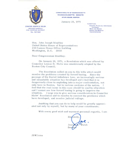 Letter from Massachusetts State Senator Joseph B. Walsh to John Joseph Moakley regarding a resolution related to busing proposed by Boston City Councilor Louise Day Hicks, 28 January 1975