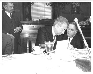Italian Prime Minister Francesco Cossiga confers with Congressman John Joseph Moakley during a visit to Washington, D.C., 1980s