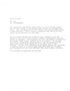 Memo from staffer James P. McGovern to Congressman John Joseph Moakley about a call from Gail Pendleton from Citizens for Participation in Political Action (CPPAX) regarding Moakley's stand on military aid to El Salvador. Also includes a New York Times article by Tommie Sue Montgomery