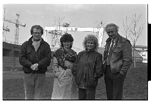 Businessman Maurice Cassidy with David Hammond, writer, filmmaker and folk singer. Pictured with the Harland and Wolf shipyard crane in the background