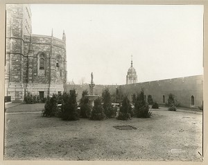 Saint Mary's Hall exterior: cloister garden without grass, by Clifton Church