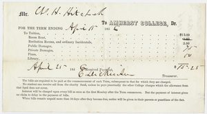 Edward Hitchcock receipt of payment to Amherst College, 1856 April 25