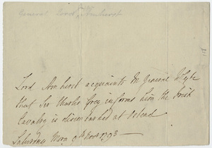 Jeffery Amherst note to Brigadier General John Whyte, 1793 November 9