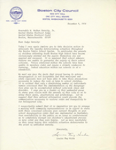 Correspondence between Louise Day Hicks, Boston City Councilor, and Judge W. Arthur Garrity, 1974 December 9