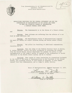 Massachusetts House of Representatives resolution calling for federal funding to pay for busing, 1975 September 17
